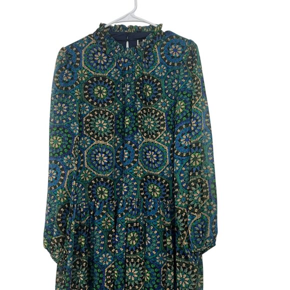 Julian Taylor Womens 14 Long Slee-Mock Neck Medallion Print Chiffon A Line Dress - Picture 9 of 16